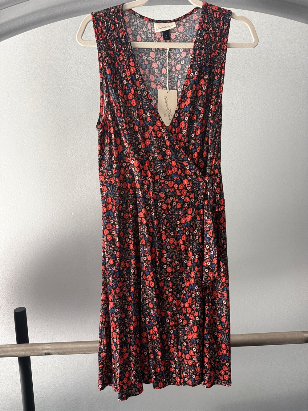 Universal Thread Black Floral Midi Wrap Dress with Red & Blue Flowers